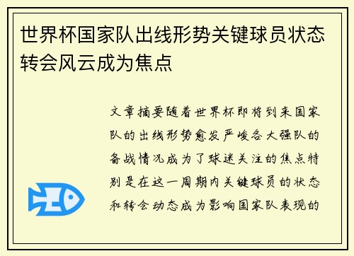 世界杯国家队出线形势关键球员状态转会风云成为焦点