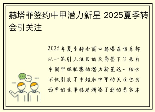 赫塔菲签约中甲潜力新星 2025夏季转会引关注